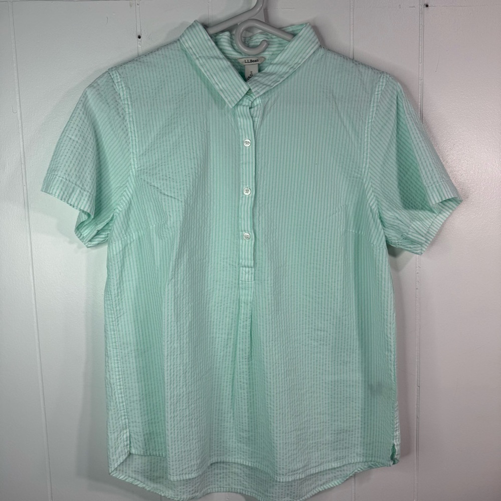LLBean Women’s Small Popover 1/2 Button Up Shirt Light Green Short Sleeve Top